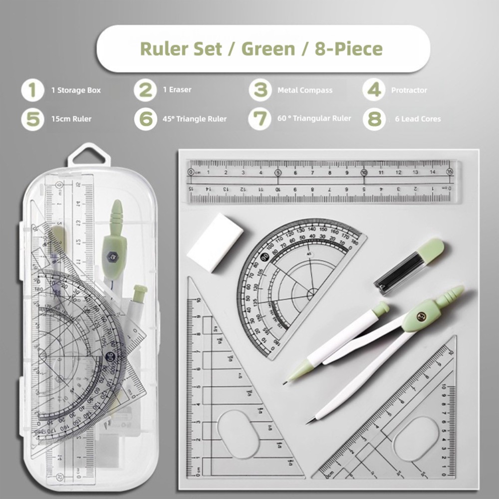 Compass Geometry Set - 8 ピース/セットプラスチック定規コンパスセット透明消しゴム測定定規セット直角ストレート定規描画ツール学校オフィス
