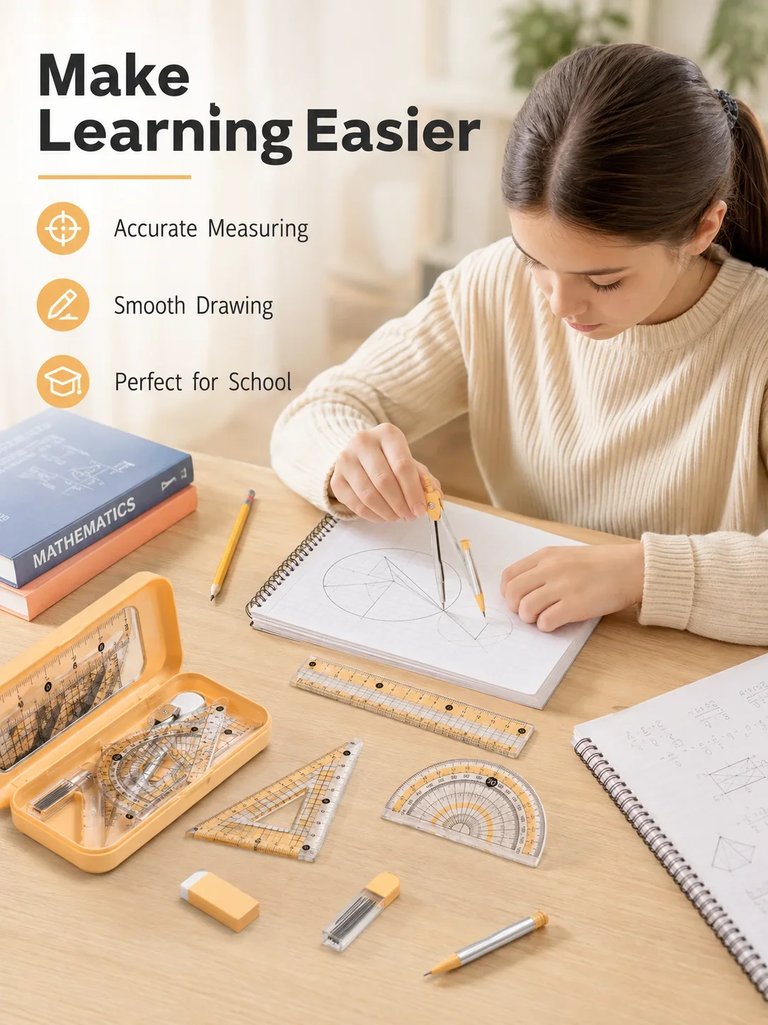 学生向け8点セット数学幾何学セット、コンパス、分度器、定規、 - Compass Geometry Set のレビューと価格