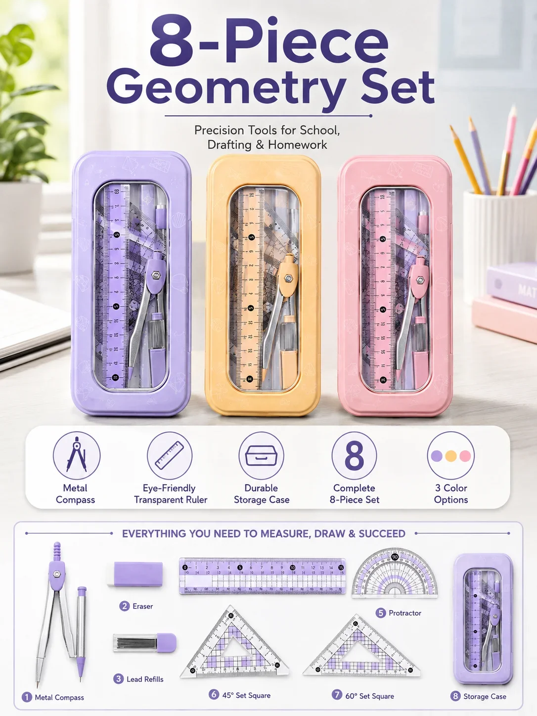 学生向け8点セット数学幾何学セット、コンパス、分度器、定規、 - Compass Geometry Set のレビューと価格