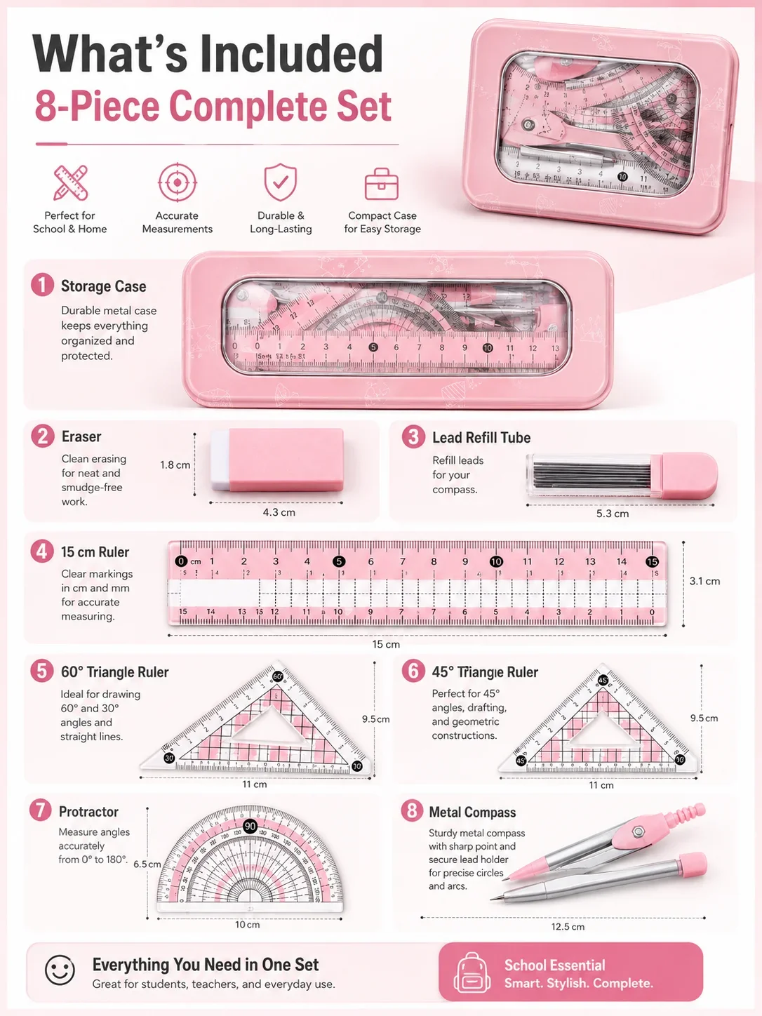学生向け8点セット数学幾何学セット、コンパス、分度器、定規、 - Compass Geometry Set のレビューと価格
